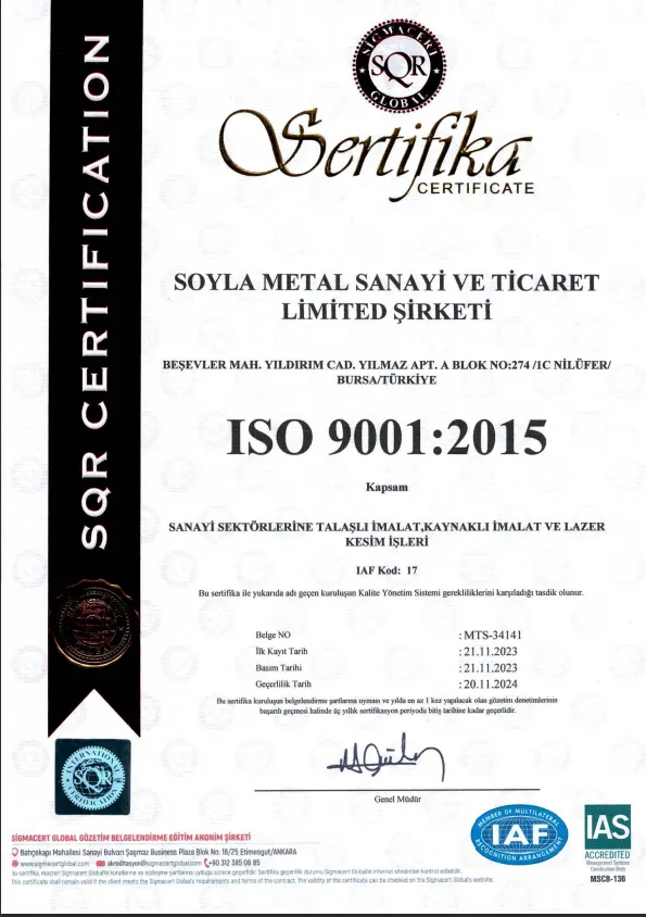 Soyla Metal ISO 9001:2015 sertifikası — Türkçe